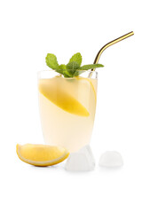 Glass of fresh lemonade with mint on white background