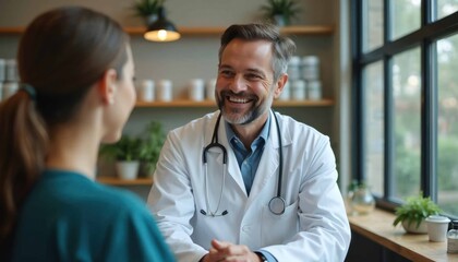 Doctor smiles warmly during medical marijuana consultation with patient in dispensary setting. Healthcare pro discusses treatment options. Patient receiving medical advice in clinic. Alternative