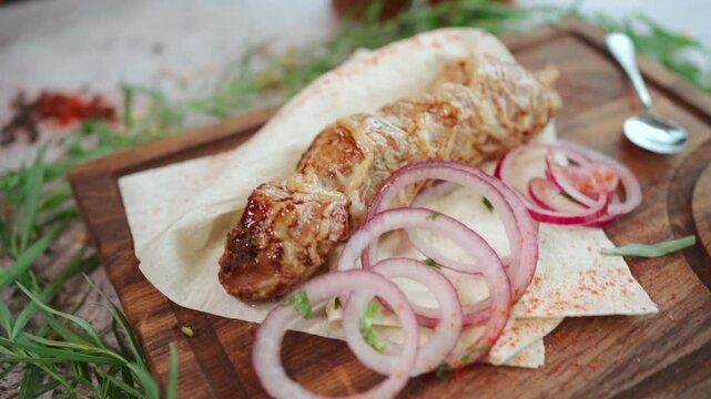  lula kebab lamb, beef or pork meat with onion and tomato sauce