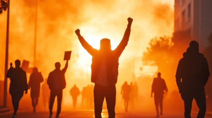 The fight for a better world: Silhouetted figures in a crowd raise their arms in a scene filled with both hope and defiance, illuminated by an orange hue.