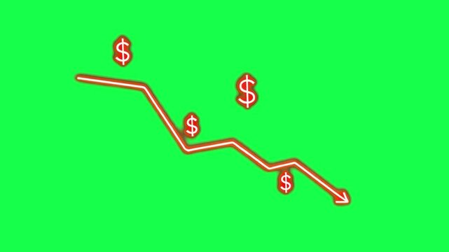 Downward trend, dollar signs animation, transparent 4K video, green screen
