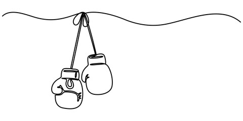 Continuous one line drawing of boxing gloves, Boxing gloves illustration with line style design. Boxing glove in one continuous single line art drawing style isolated on white background, pro vector. 
