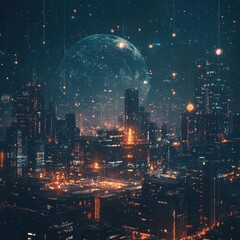 Fototapeta premium A futuristic cityscape with a large planet in the dark sky