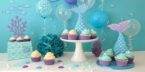 Mermaid-themed birthday party decorations with whimsical underwater elements, featuring colorful cupcakes, balloons, mermaid tails, coral accents, and enchanting aquatic-inspired decor