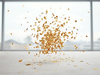 Gold confetti explosion with modern room.