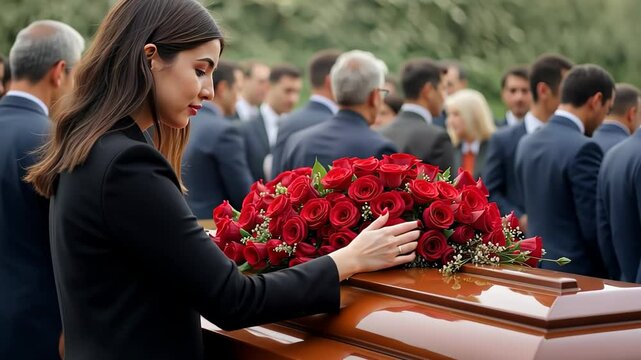  Woman in black dress paying respects at a coffin adorned with red roses
