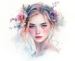 Naklejka premium A lovely woman wearing a floral crown in a soft watercolor style
