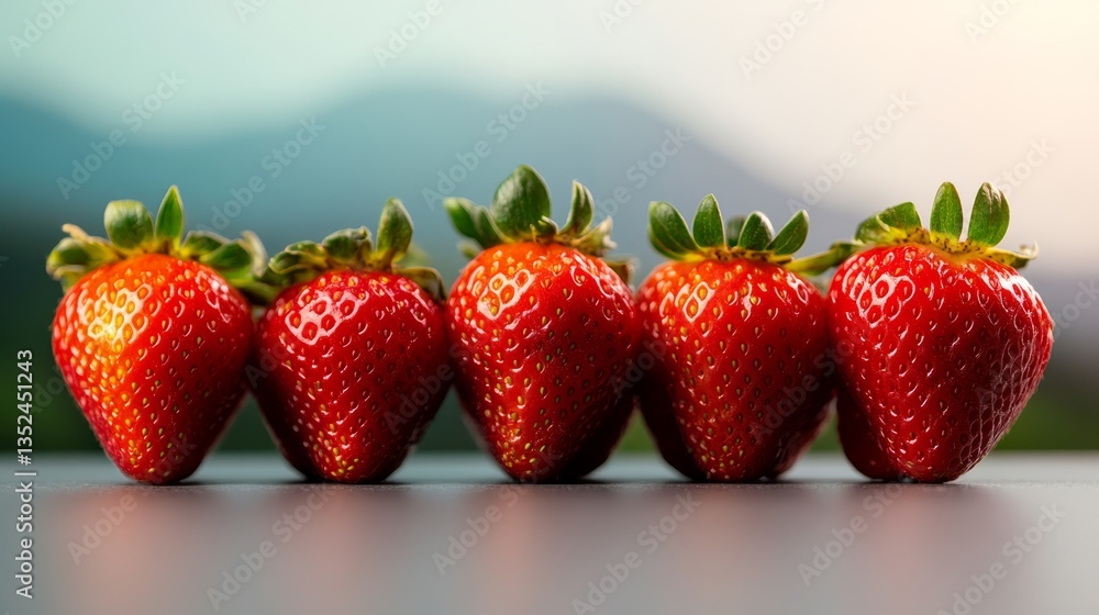 Poster row of five red strawberries on a table. the strawberries are all the same size and shape