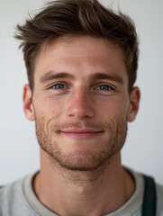 Fototapeta premium Close-up portrait of a young man's face. he has a slight smile on his lips and is looking directly at the camera. his hair is styled in a short, spiky cut with a side part.