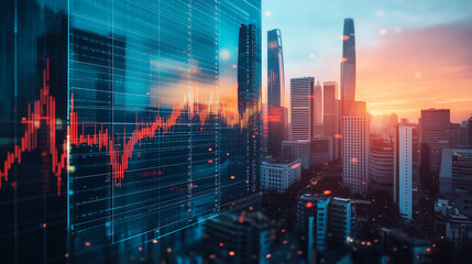 Stock market growth on building with urban skyline at sunset, Ideal for financial and business concepts