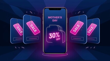 e-Commerce Mother's Day banner with smartphone screens displaying an online store offering discounts and special Offers. Mother's Day design for advertising, banners, flyer, created with generative ai