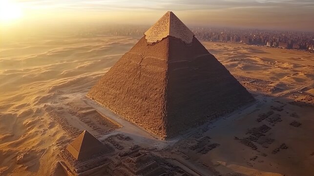 Aerial view of the Great Pyramid of Giza at sunset, surrounded by vast desert landscapes and the distant city skyline. The pyramid's stone structure is illuminated by the golden light of the setting s