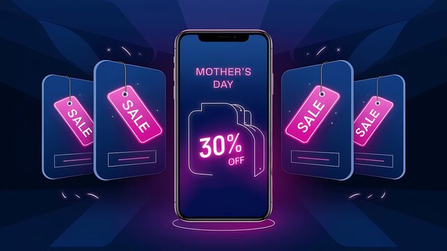 e-Commerce Mother's Day banner with smartphone screens displaying an online store offering discounts and special Offers. Mother's Day design for advertising, banners, flyer, created with generative ai