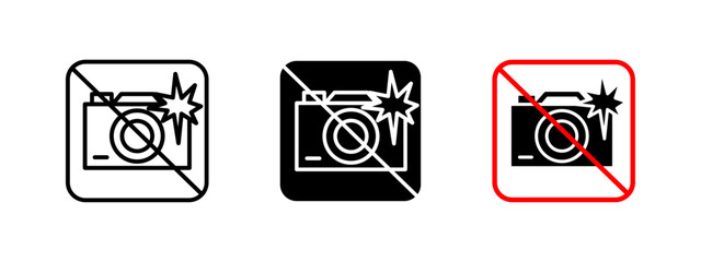 No flash photography icon. Camera with flash and prohibition mark vector illustration. Forbidden photography sign for restricted areas, security regulations and event policies.