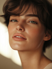 Fototapeta premium Close-up portrait of a young woman's face. she has short, dark hair that is styled in a messy, layered manner with bangs framing her face.