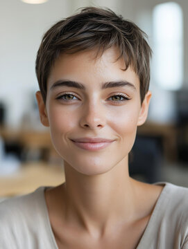 Close-up portrait of a young woman's face. she has short, pixie cut hair that is styled in a short, layered cut with bangs. she is wearing a light-colored top and has a neutral expression on her face.