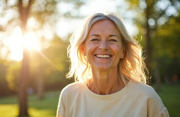 Portrait happy mature woman enjoying sunny day in nature. Smiling caucasian female outdoors. Middle age senior lady with cheerful positive emotions. Healthy lifestyle, joy, happiness, retirement,