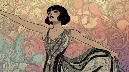 Woman in flapper dress dances gracefully.