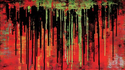 Striking abstract expressionist painting in bold red, black, and green color palette