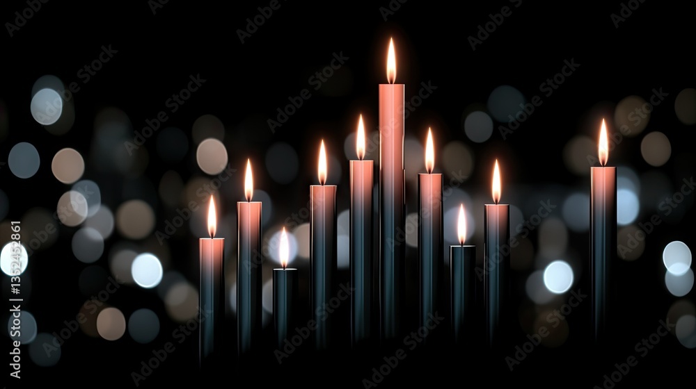Poster candles illuminate a dark background, creating a serene atmosphere with flickering flames and shimme