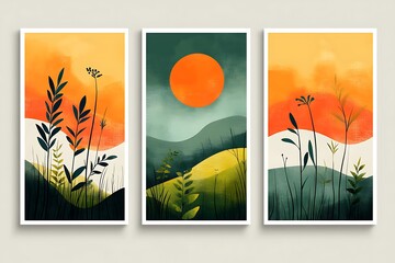 Triptych Art, Abstract Landscape with Sunset & Hills in White Frames