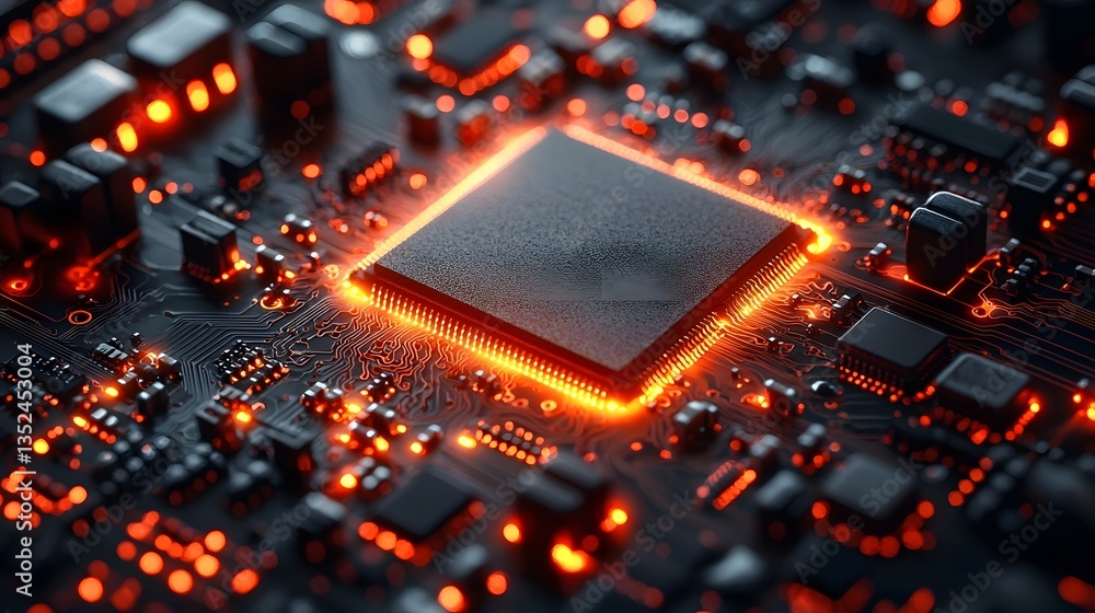 Poster glowing electronic microchip with intricate circuits and energy flow