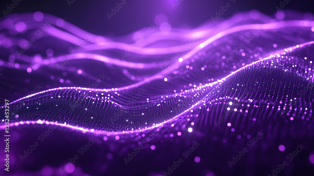 Poster digital cyberspace futuristic, purple color particles wave flowing with lines and dots connection, t