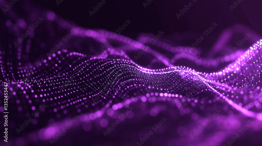 Poster digital cyberspace futuristic, purple color particles wave flowing with lines and dots connection, t