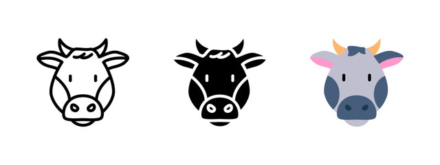Cow icon. Bovine face with ears and horns vector illustration. Cute livestock pet symbol. Happy bull sign. Friendly calf head pictogram. Cartoon cattle mascot concept.