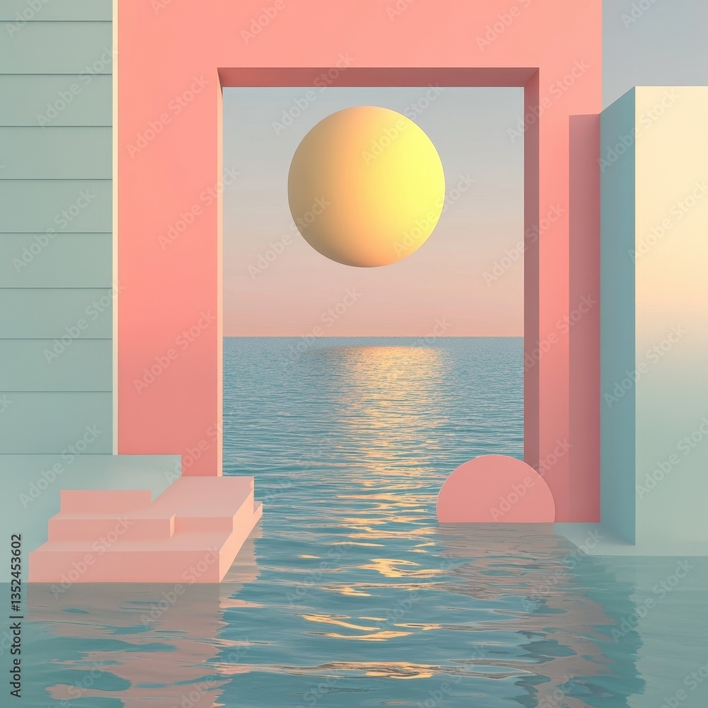 Poster abstract architectural structure overlooking calm water with a spherical object