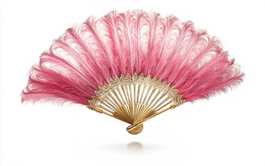 Opulent Handcrafted Carnival Feather Fan with Gold Details Isolated On White Background.