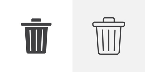 Bin icon vector set in black flat and line stroke style