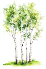 Fototapeta premium Four watercolor birch trees with green leaves and grass below them