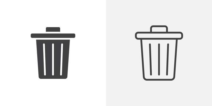 Bin icon vector set in black flat and line stroke style