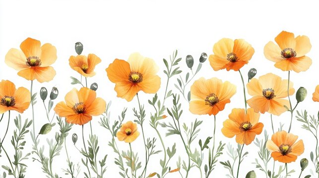 Watercolor illustration of orange iceland poppies in a vibrant field with other botanical elements