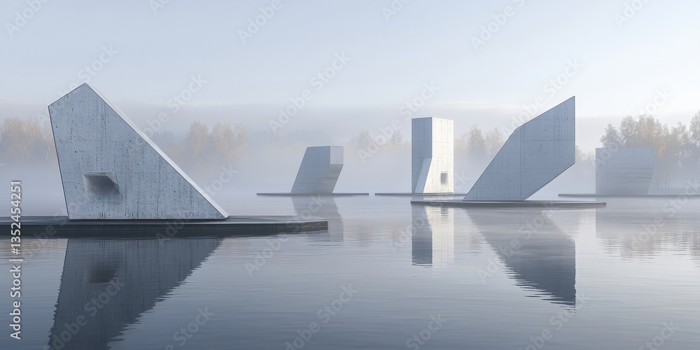 Poster abstract concrete structures floating on reflective water surrounded by mist