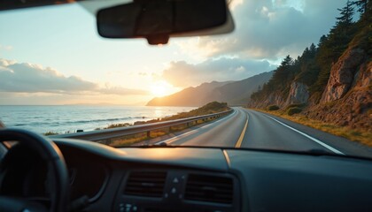 Scenic view from inside car looking out toward coastal road. Ocean visible on the left. Mountains, sky, sunset creating travel vacation mood. Auto transport on highway.