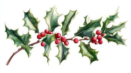 Obraz premium Watercolor illustration of holly branch with red berries and leaves for christmas decorations and designs
