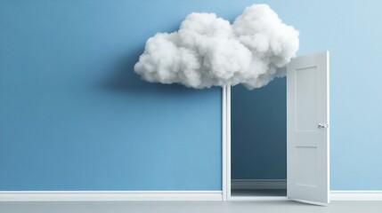 Cloud Storage Concept White Door Opens to Fluffy Cloud symbolizing Data Access and Digital Freedom