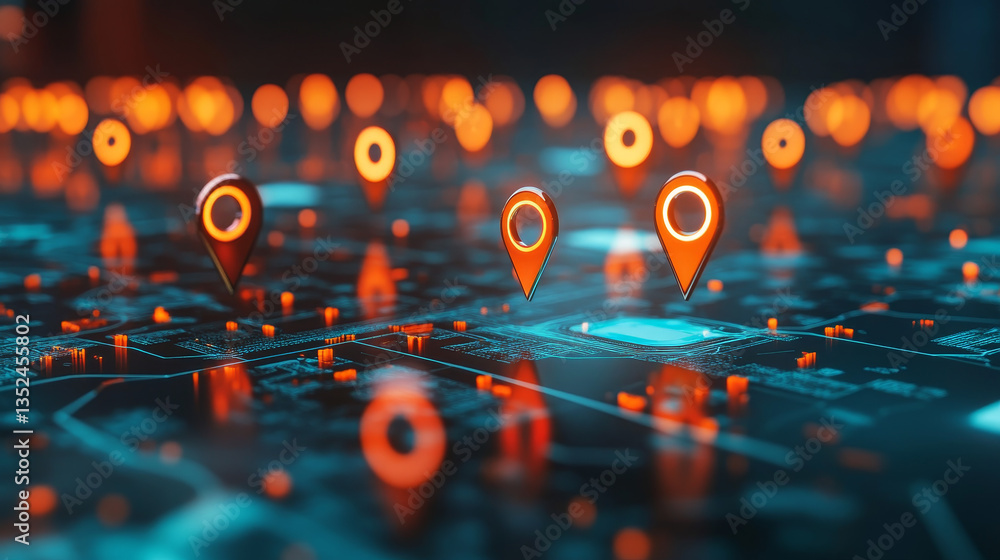 Poster cityscape location icons of gps navigation, high speed internet connection and big data analysis, te