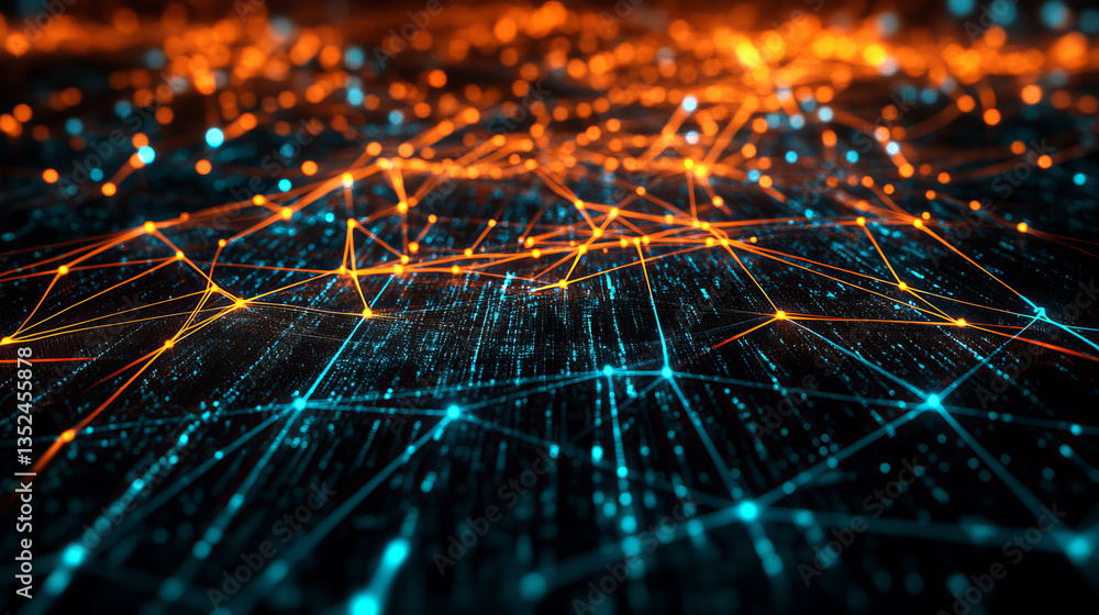 Poster digital cyberspace with particles and digital data network connections, technology digital data abst