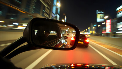 Side mirror view of a race car overtaking another, intense motion blur, adrenaline
