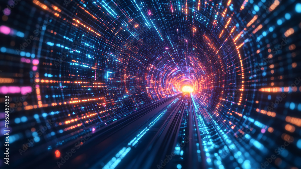 Aufkleber tunnel of digital cyberspace with line neon light, network connections, technology digital abstract 