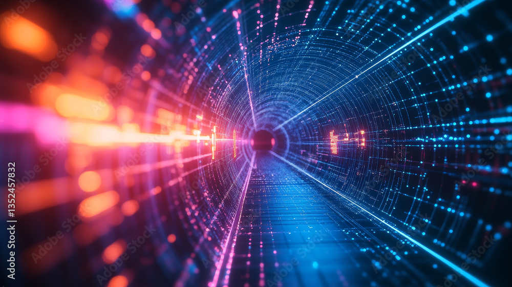 Poster tunnel of digital cyberspace with line neon light, network connections, technology digital abstract 