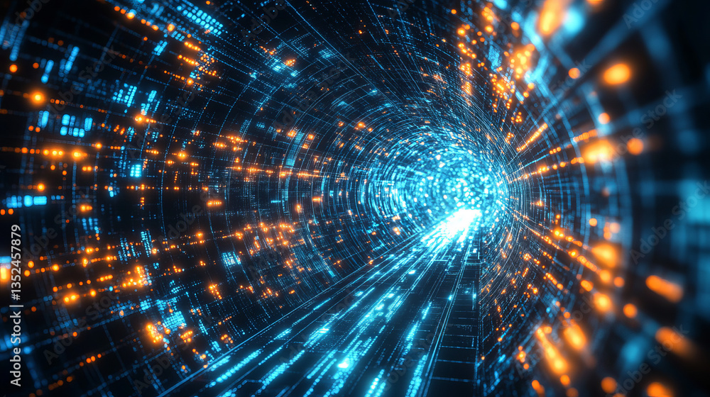 Poster tunnel of digital cyberspace with line neon light, network connections, technology digital abstract 
