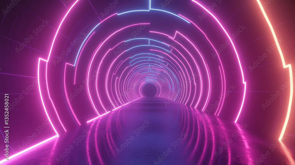 Aufkleber tunnel of digital cyberspace with line neon light, network connections, technology digital abstract 