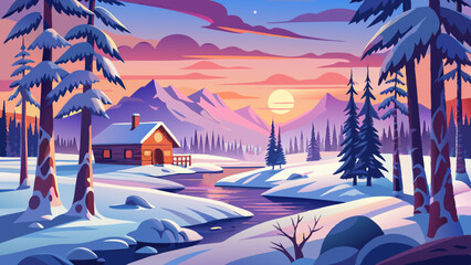 Snowy landscape in Finnish Lapland in winter at sunset