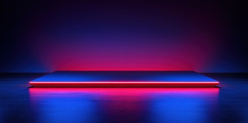 A modern geometric platform illuminated by vibrant red and blue lights