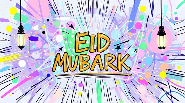 Eid mubark graphic design with lanterns and colorful abstract shapes