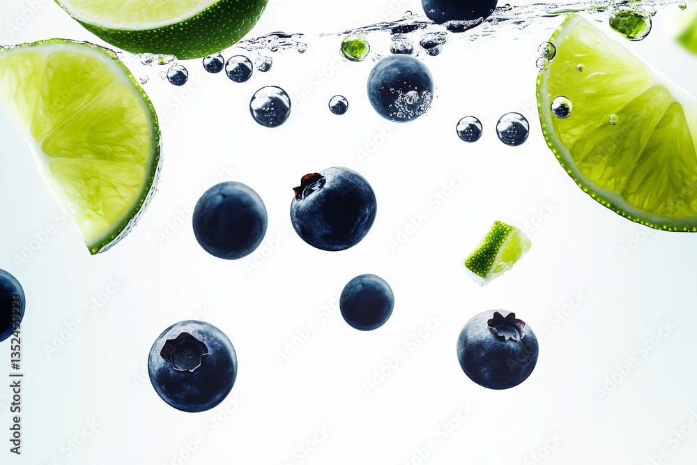 Poster close up of blueberries and lime slices. the blueberries are scattered throughout the image, with so
